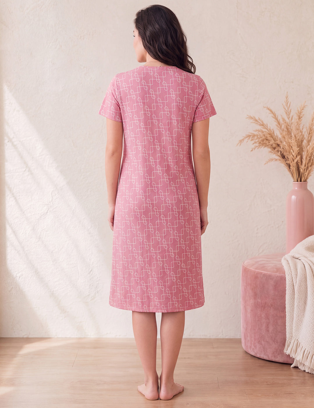 Pink Printed Hosiery Zipless Maternity Nighty