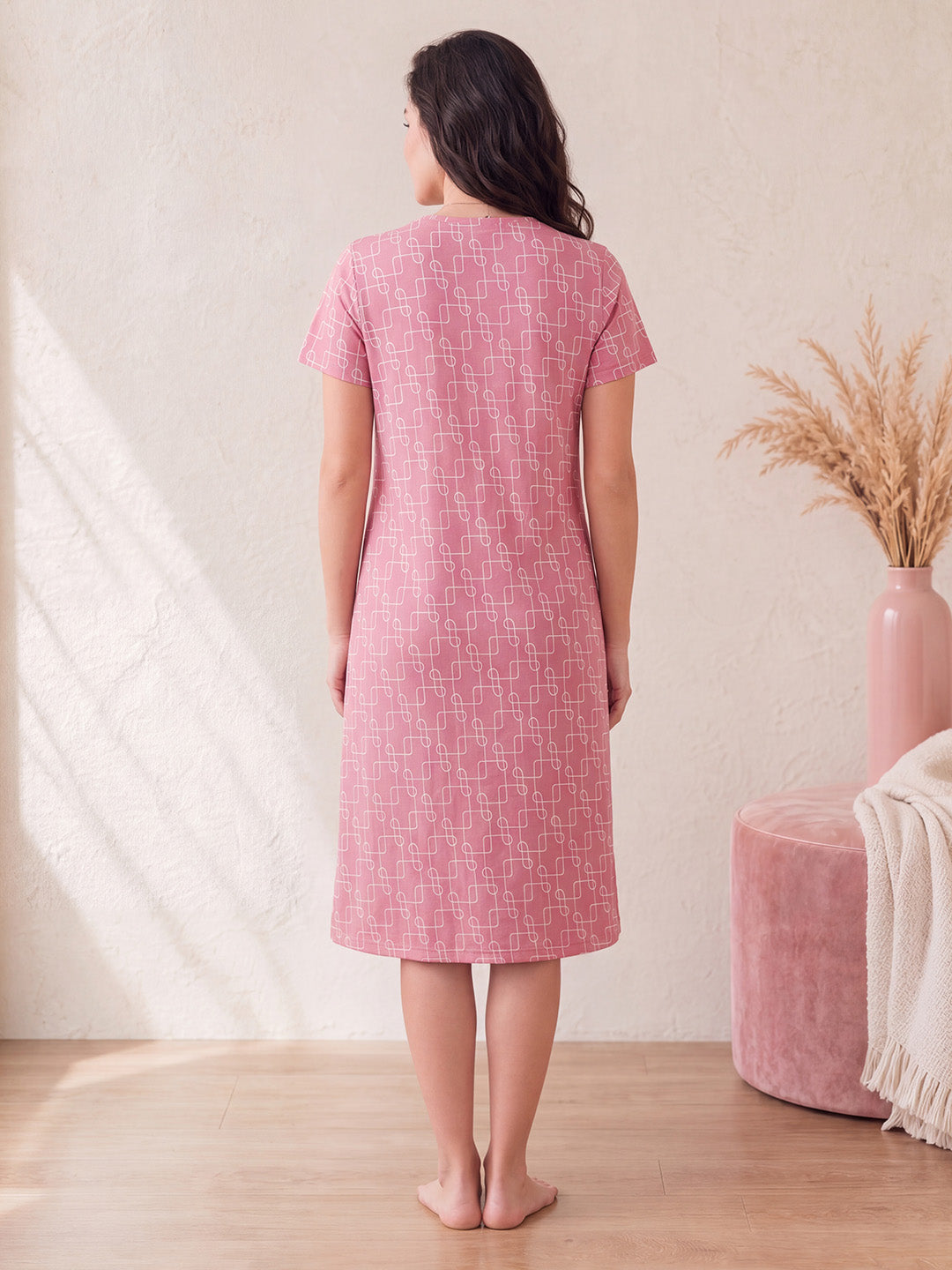 Pink Printed Hosiery Zipless Maternity Nighty