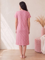 Pink Printed Hosiery Zipless Maternity Nighty