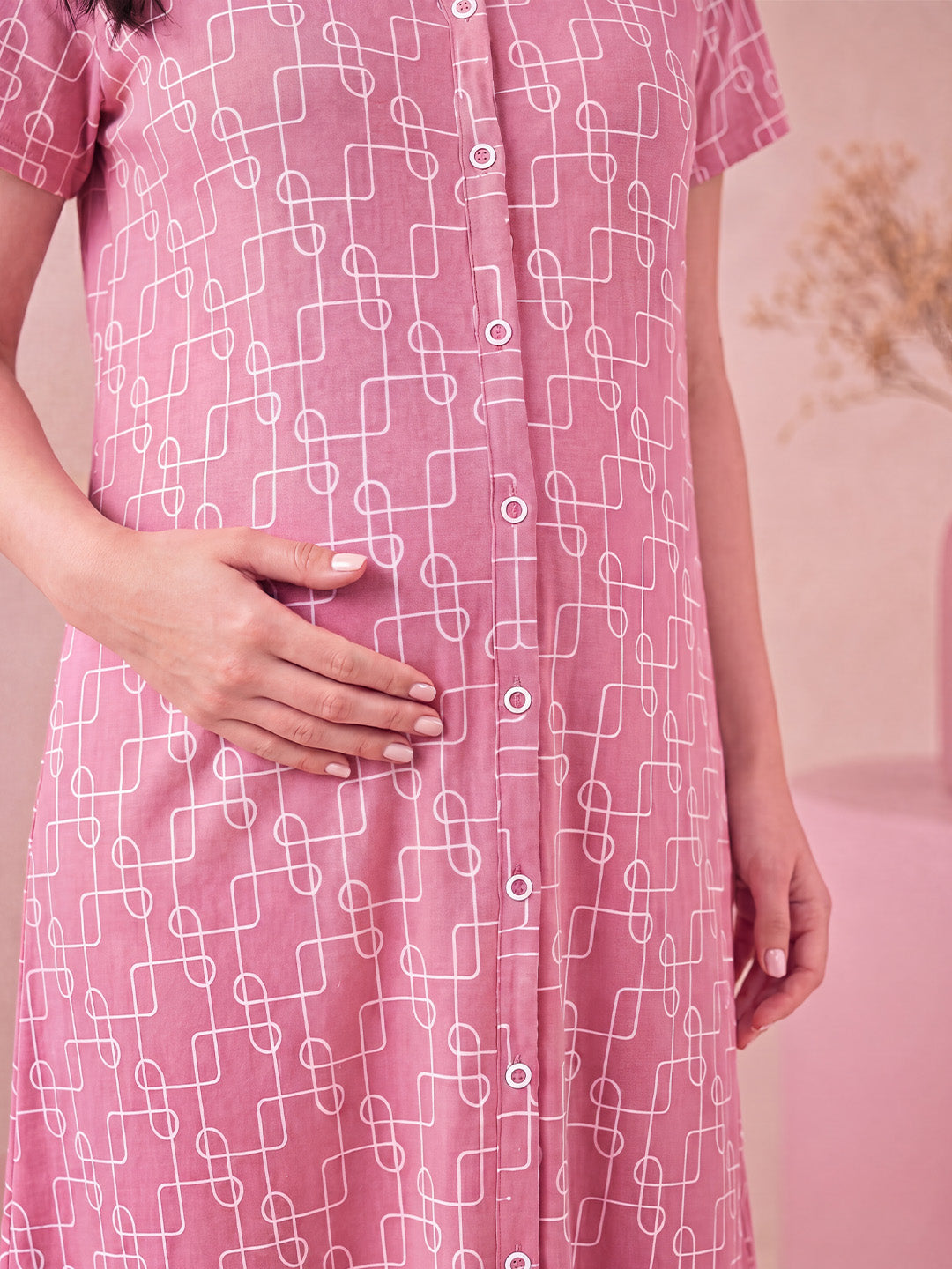 Pink Printed Hosiery Zipless Maternity Nighty
