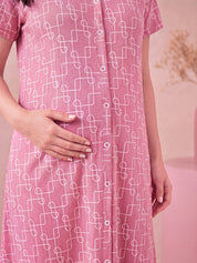 Pink Printed Hosiery Zipless Maternity Nighty