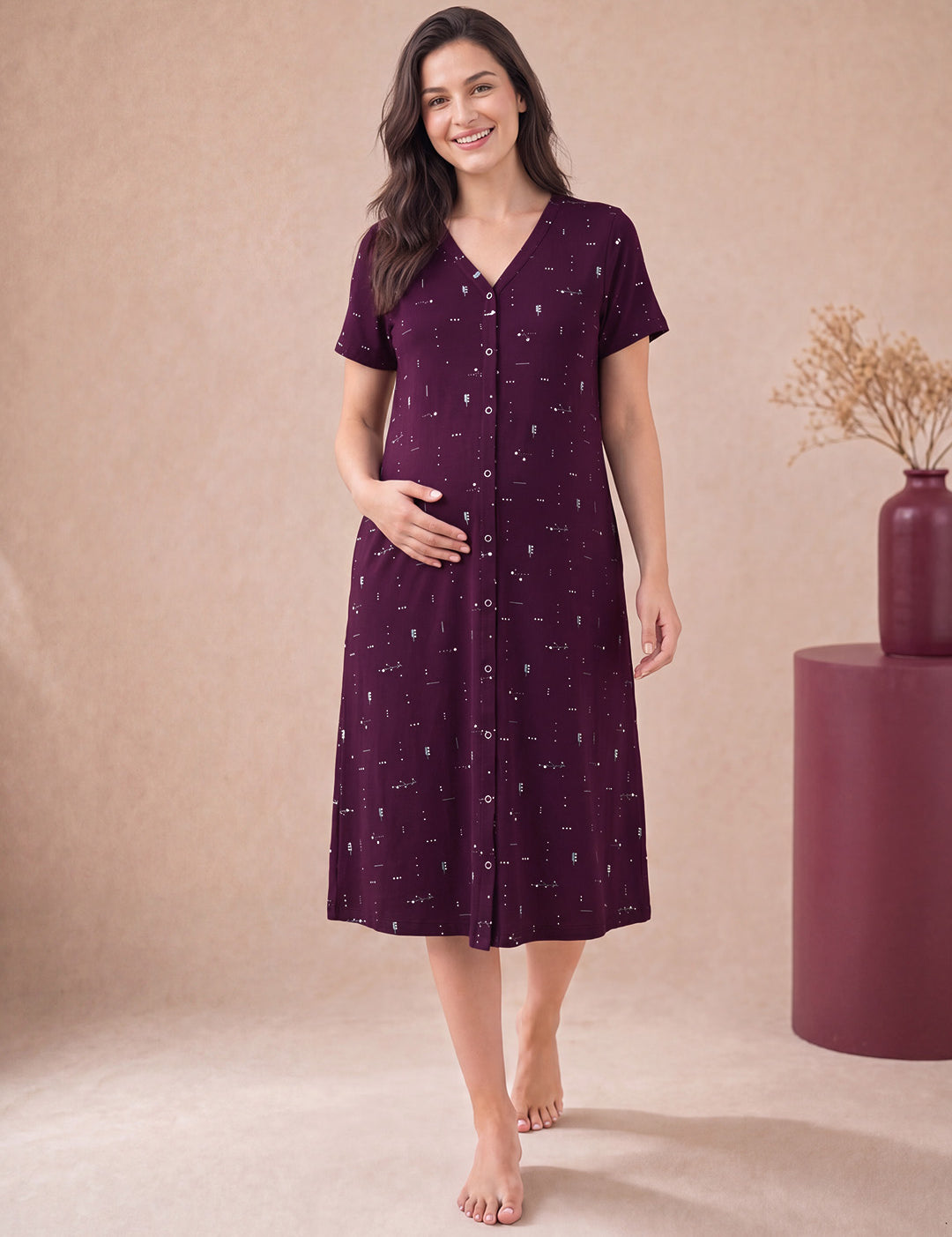 Purple Printed Hosiery Zipless Maternity Nighty