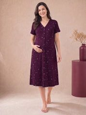 Purple Printed Hosiery Zipless Maternity Nighty