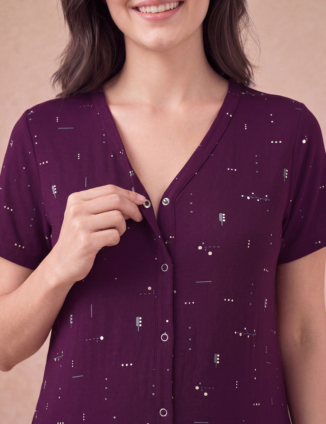 Purple Printed Hosiery Zipless Maternity Nighty