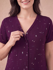Purple Printed Hosiery Zipless Maternity Nighty