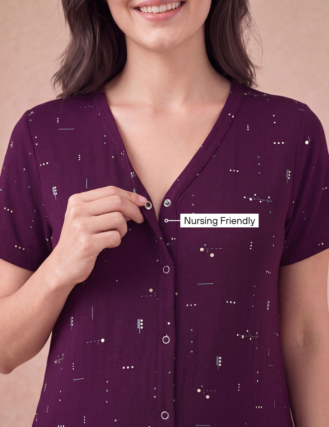 Purple Printed Hosiery Zipless Maternity Nighty