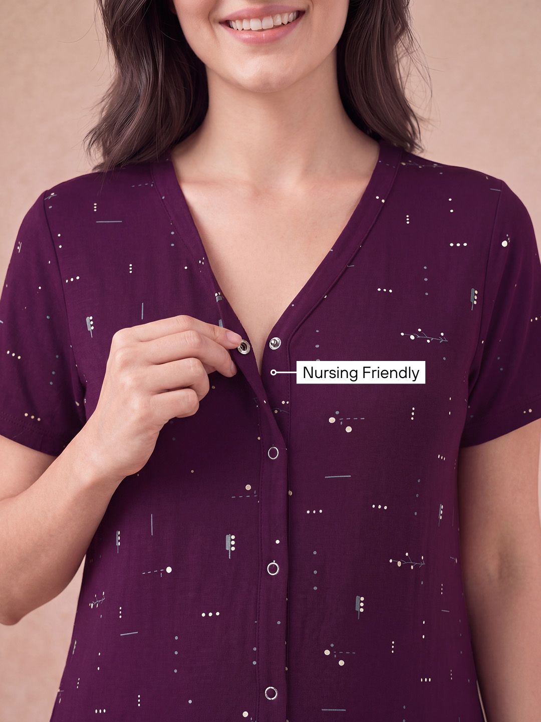 Purple Printed Hosiery Zipless Maternity Nighty