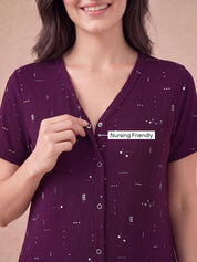 Purple Printed Hosiery Zipless Maternity Nighty