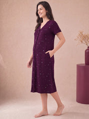 Purple Printed Hosiery Zipless Maternity Nighty
