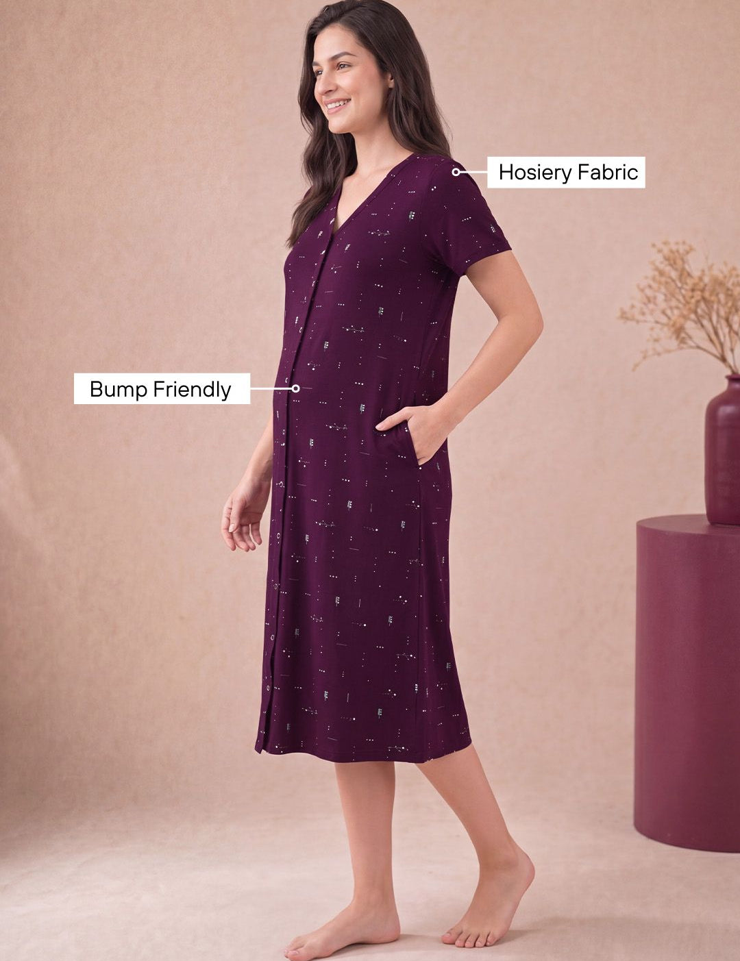 Purple Printed Hosiery Zipless Maternity Nighty