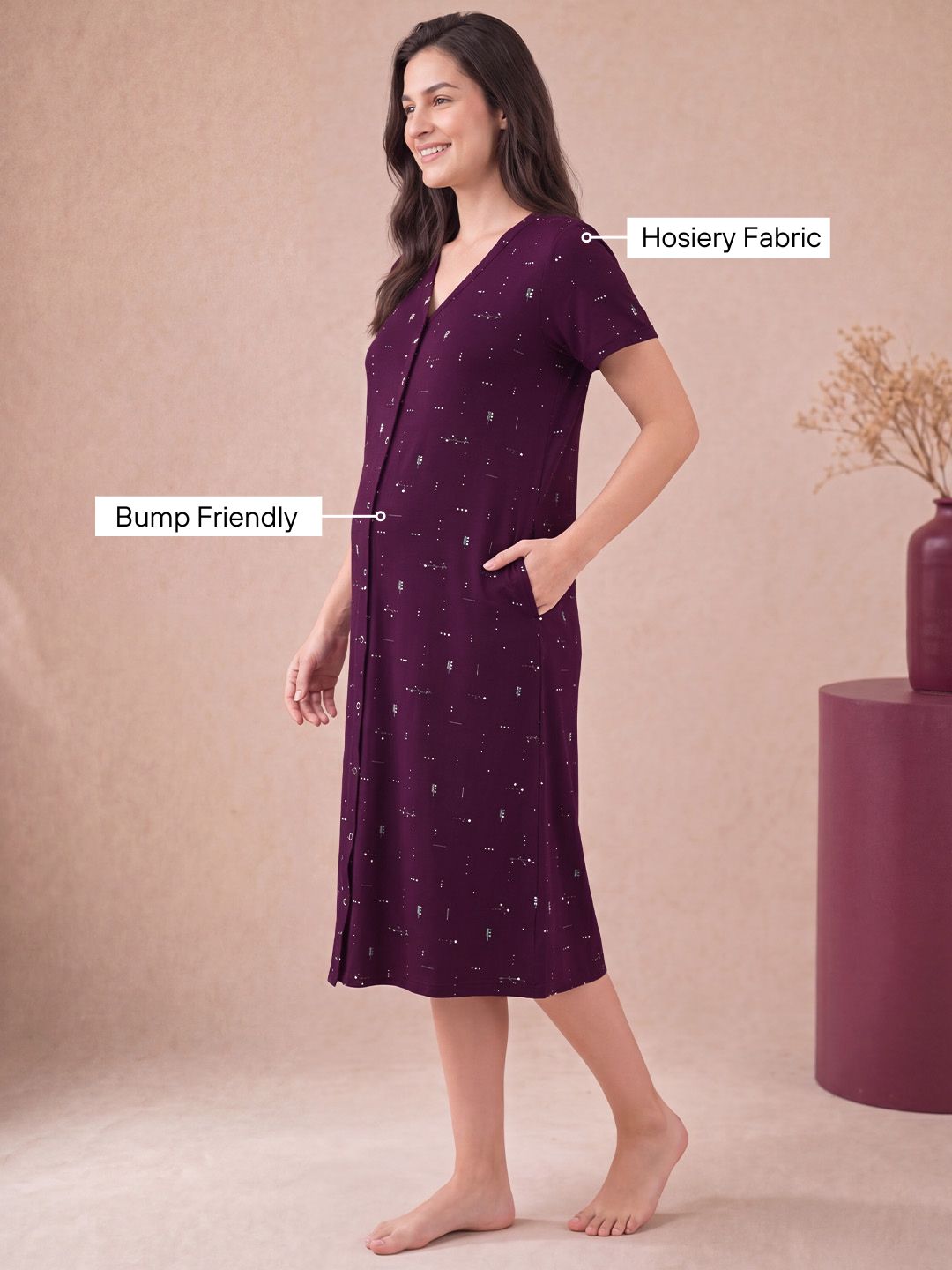 Purple Printed Hosiery Zipless Maternity Nighty