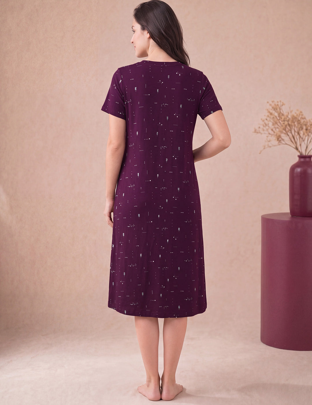 Purple Printed Hosiery Zipless Maternity Nighty