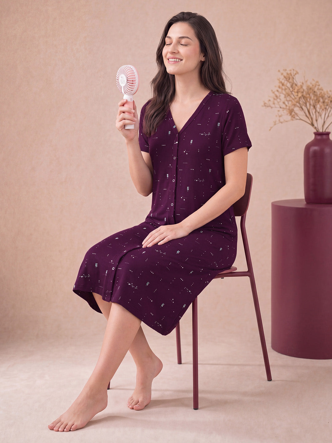 Purple Printed Hosiery Zipless Maternity Nighty
