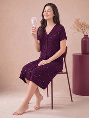 Purple Printed Hosiery Zipless Maternity Nighty