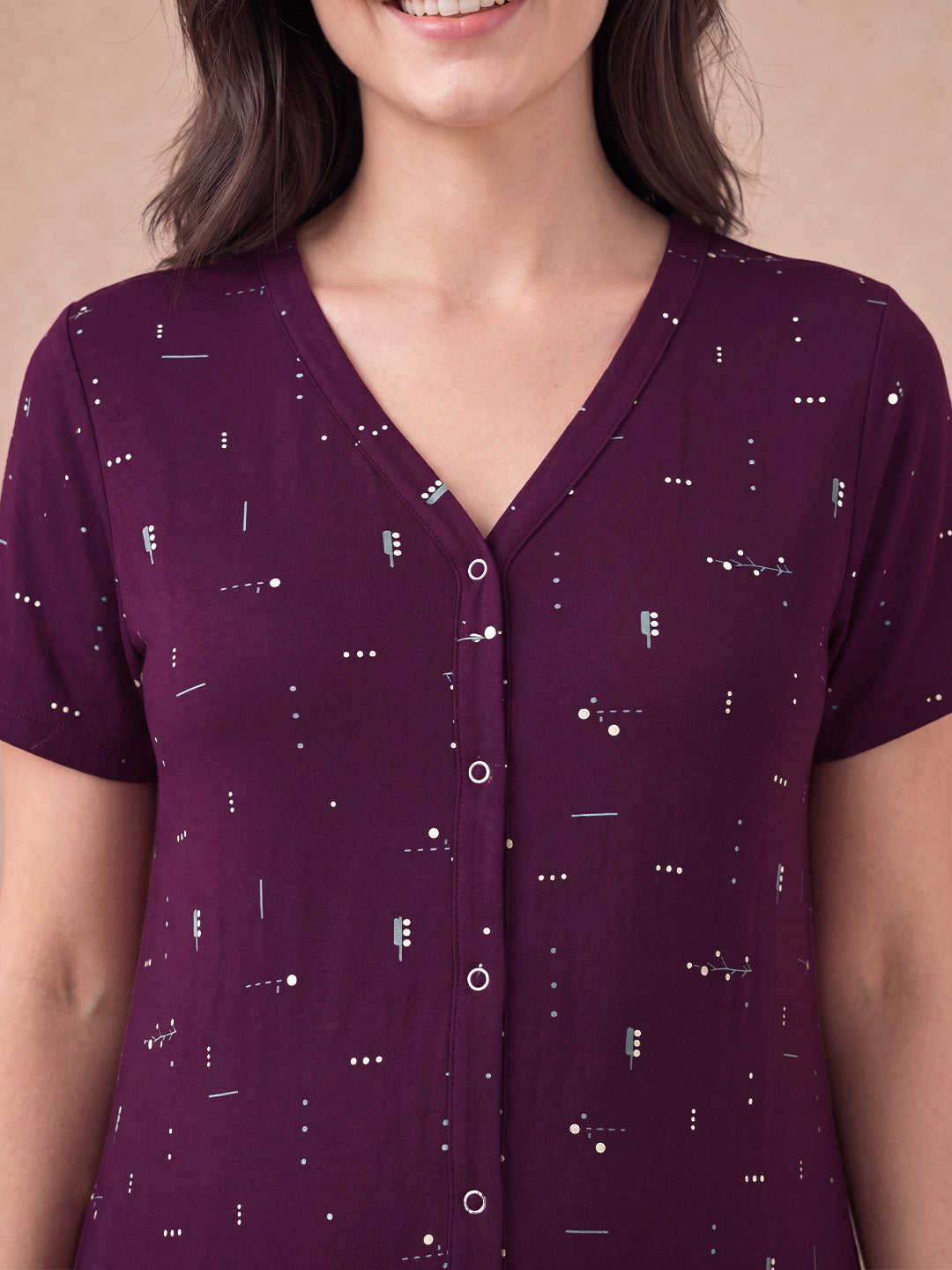 Purple Printed Hosiery Zipless Maternity Nighty