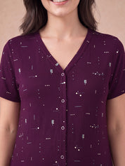 Purple Printed Hosiery Zipless Maternity Nighty