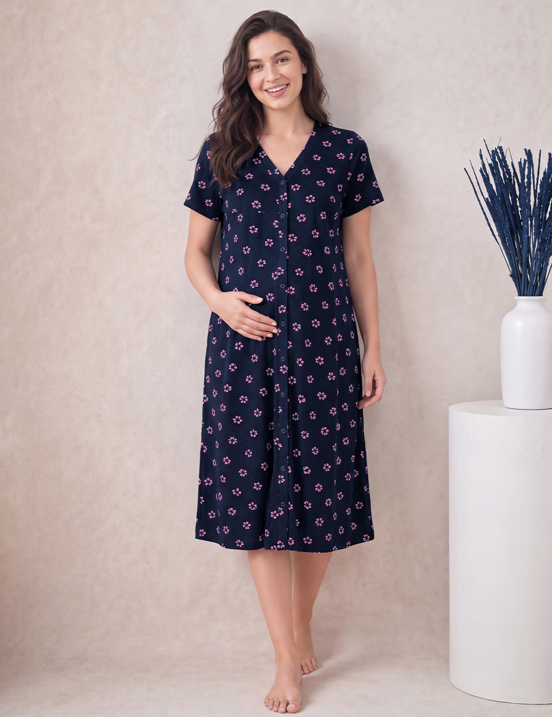 Navy Blue Floral Hosiery Zipless Maternity Nighty