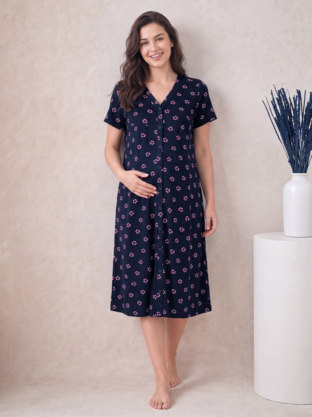 Navy Blue Floral Hosiery Zipless Maternity Nighty