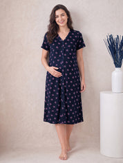 Navy Blue Floral Hosiery Zipless Maternity Nighty