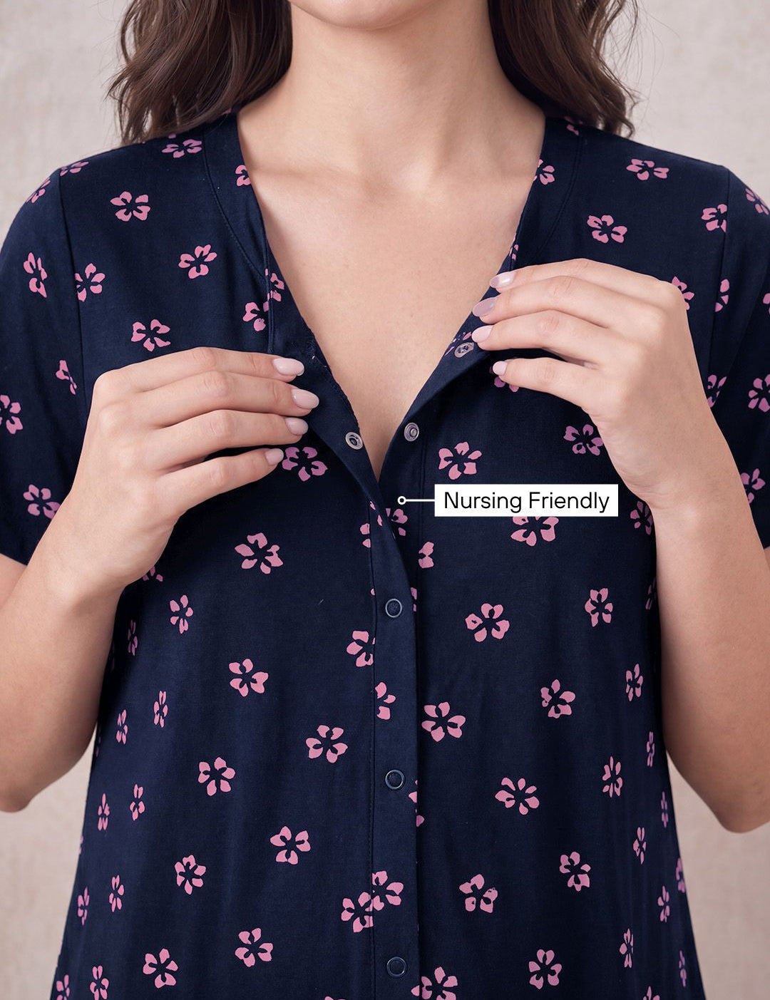 Navy Blue Floral Hosiery Zipless Maternity Nighty