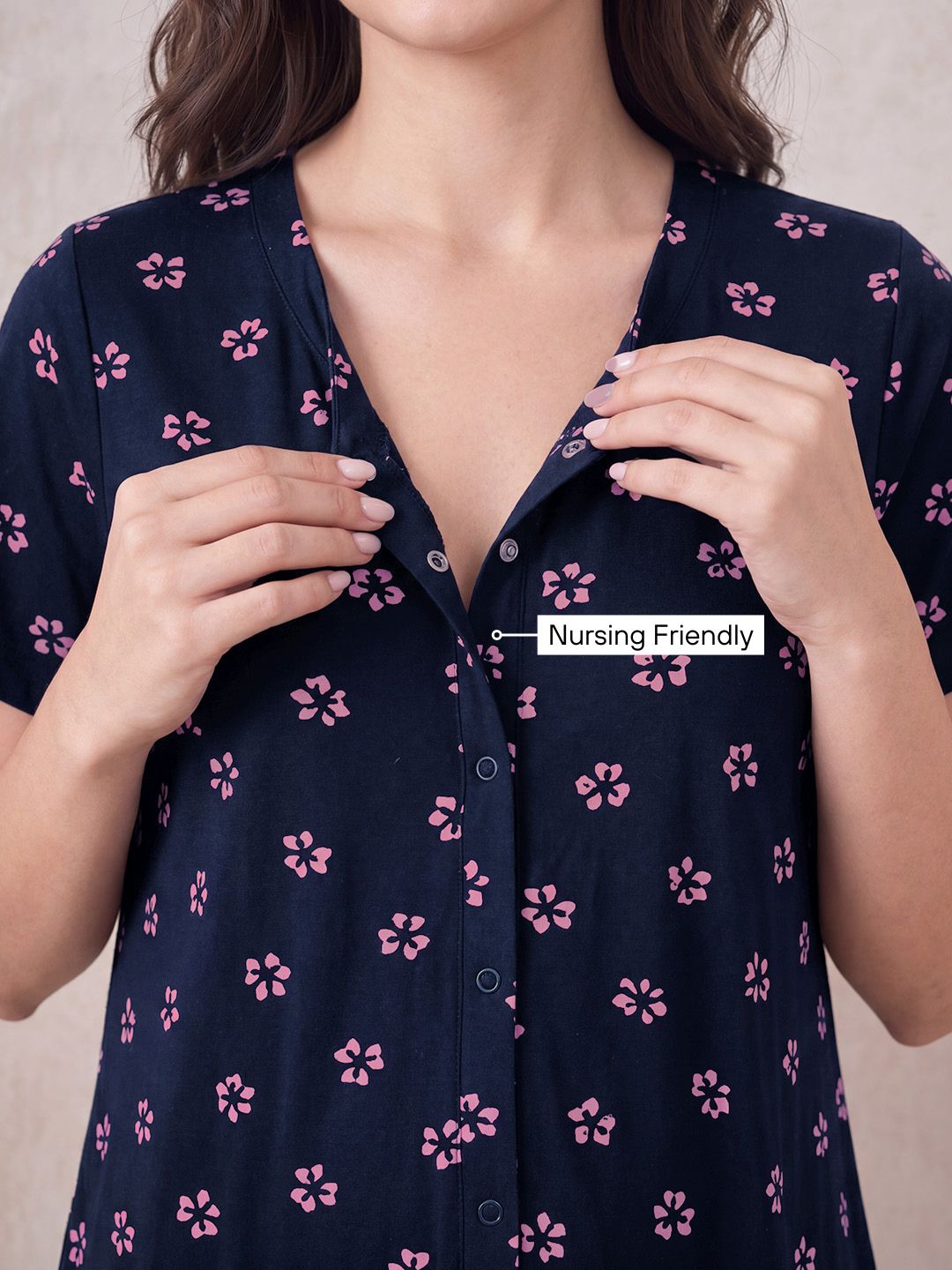 Navy Blue Floral Hosiery Zipless Maternity Nighty