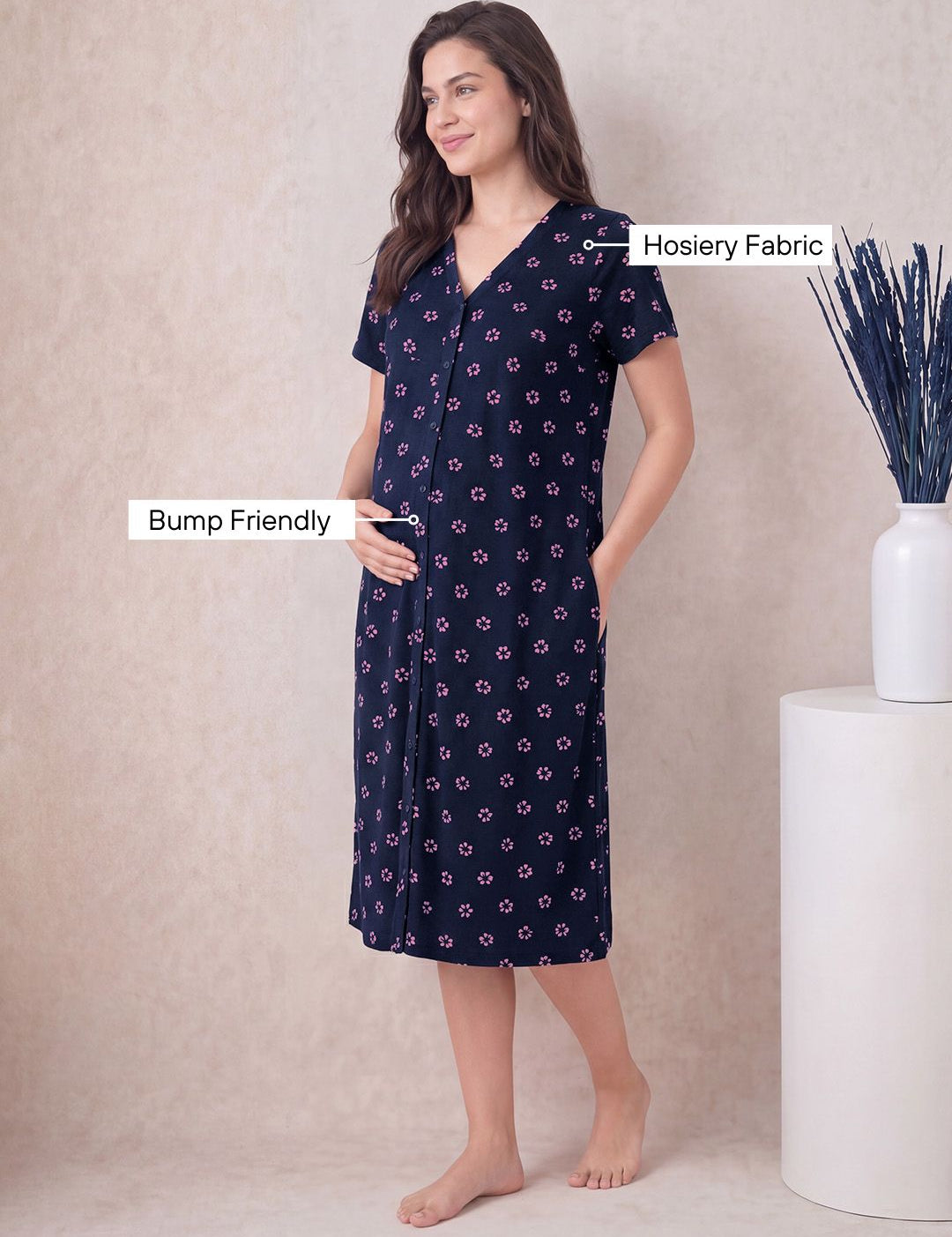 Navy Blue Floral Hosiery Zipless Maternity Nighty