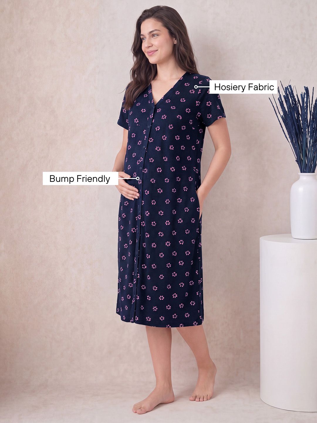 Navy Blue Floral Hosiery Zipless Maternity Nighty
