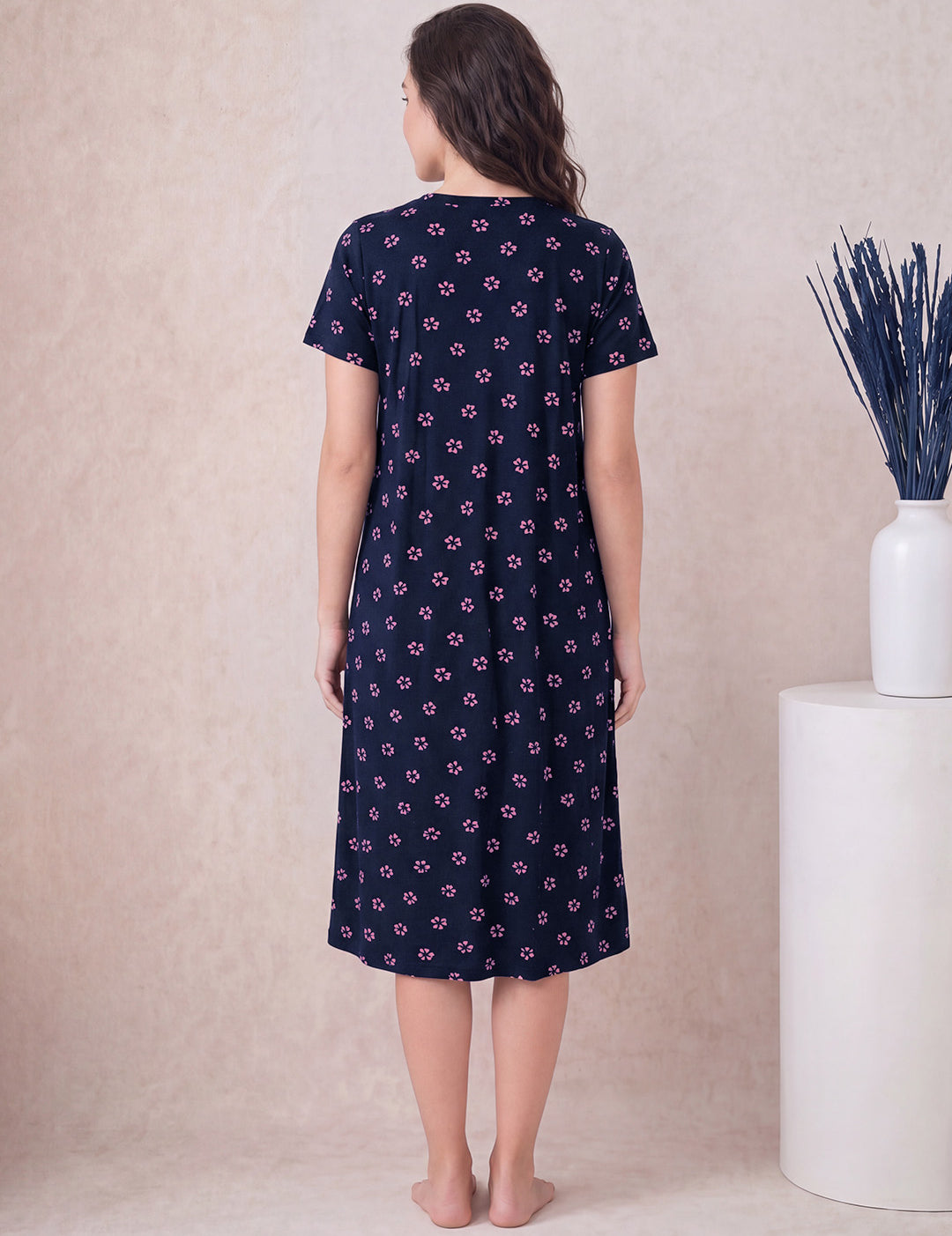 Navy Blue Floral Hosiery Zipless Maternity Nighty