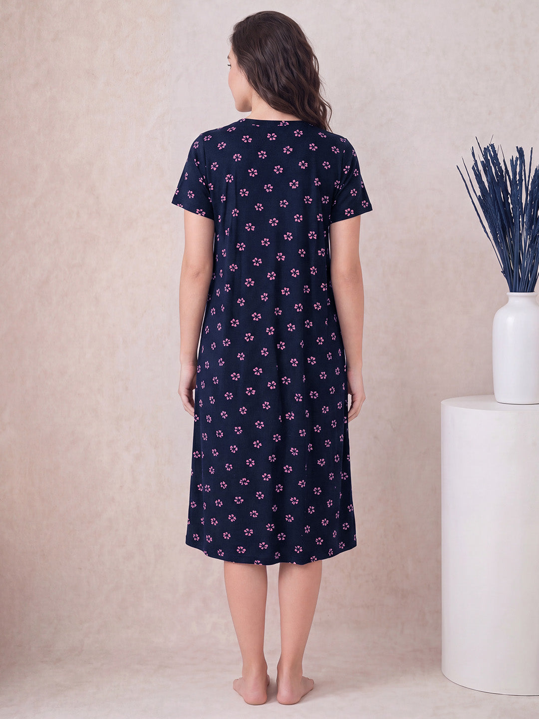 Navy Blue Floral Hosiery Zipless Maternity Nighty
