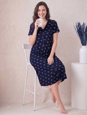 Navy Blue Floral Hosiery Zipless Maternity Nighty