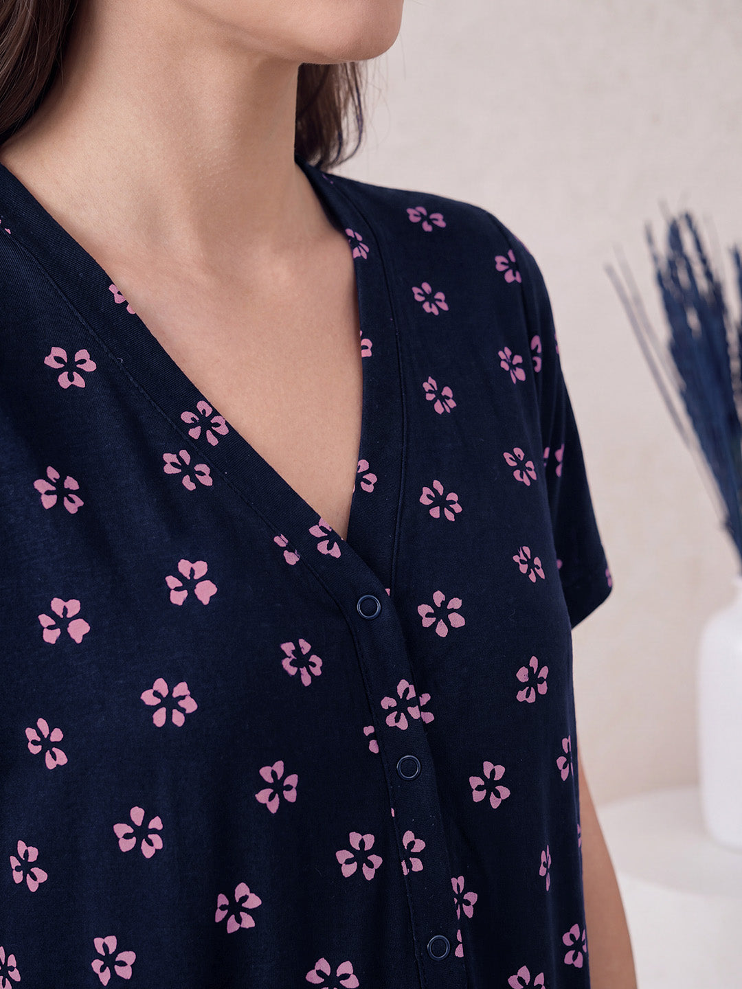 Navy Blue Floral Hosiery Zipless Maternity Nighty