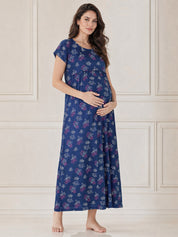 Blue Floral Hosiery Maternity Nighty
