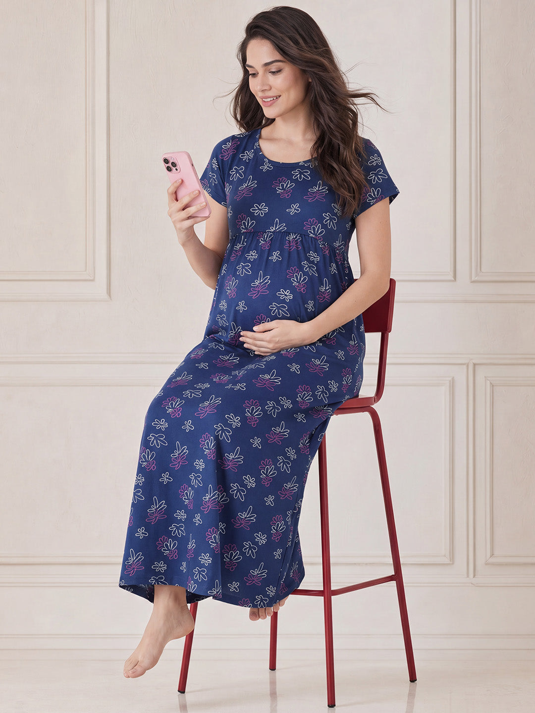Blue Floral Hosiery Maternity Nighty