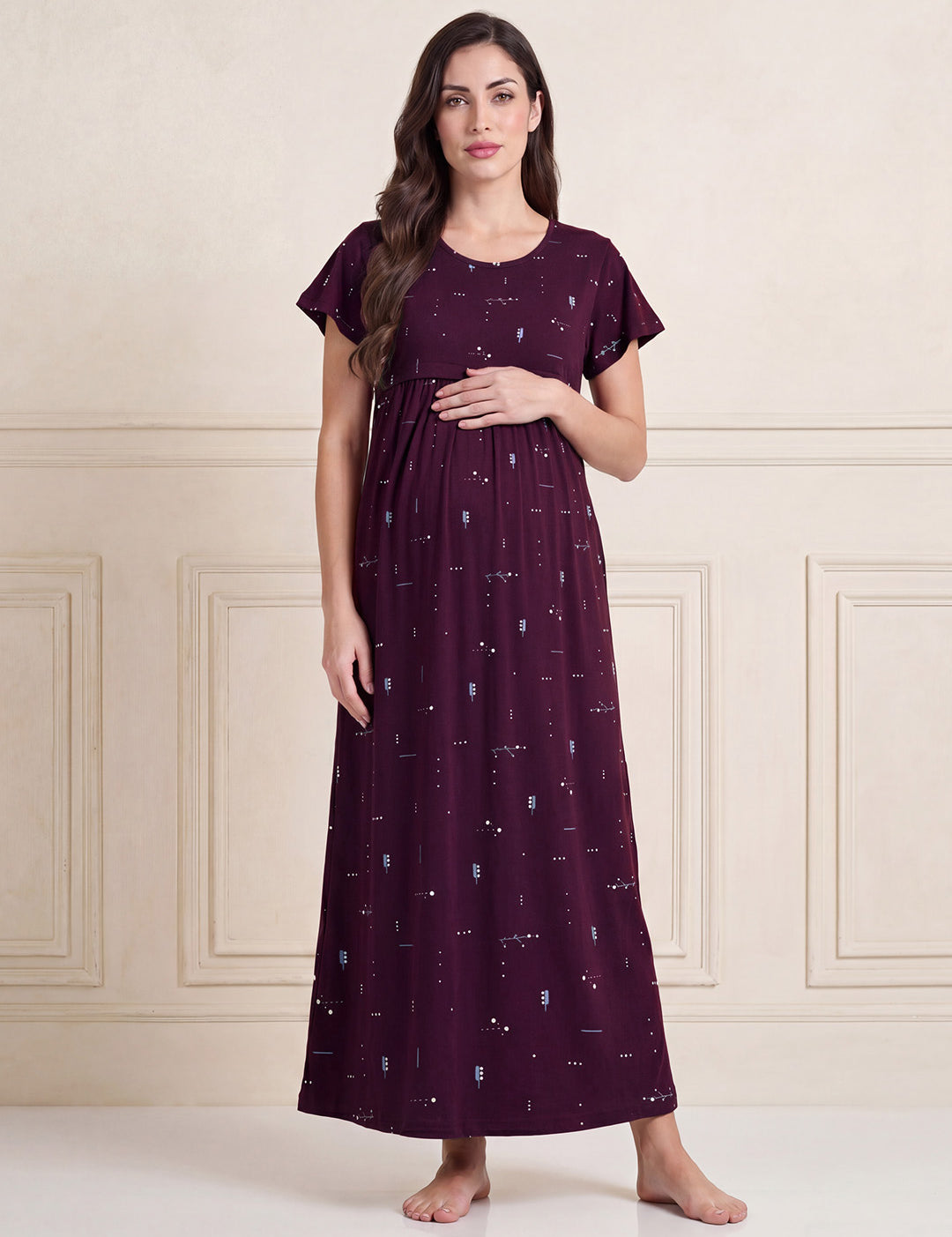 Purple Printed Hosiery Maternity Nighty