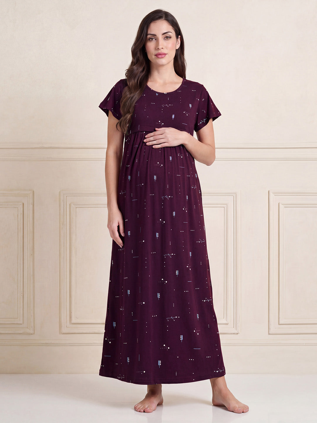 Purple Printed Hosiery Maternity Nighty