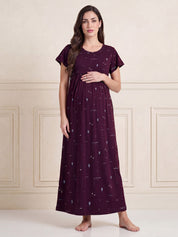 Purple Printed Hosiery Maternity Nighty