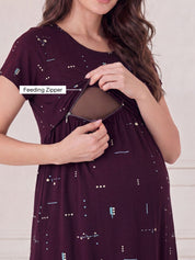 Purple Printed Hosiery Maternity Nighty