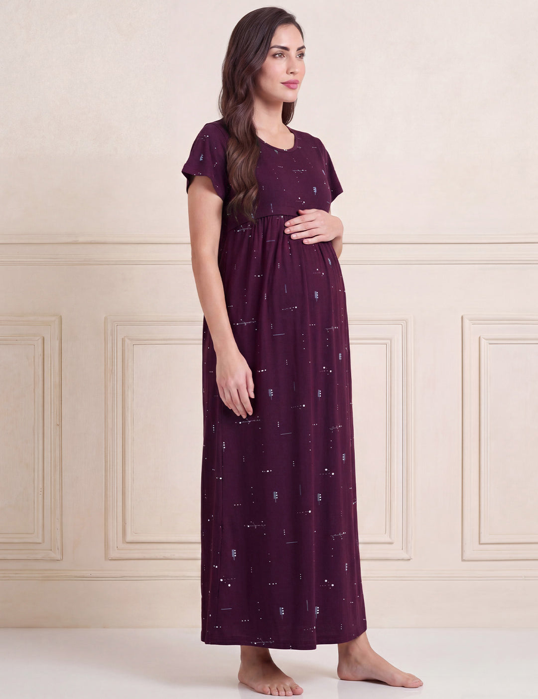 Purple Printed Hosiery Maternity Nighty