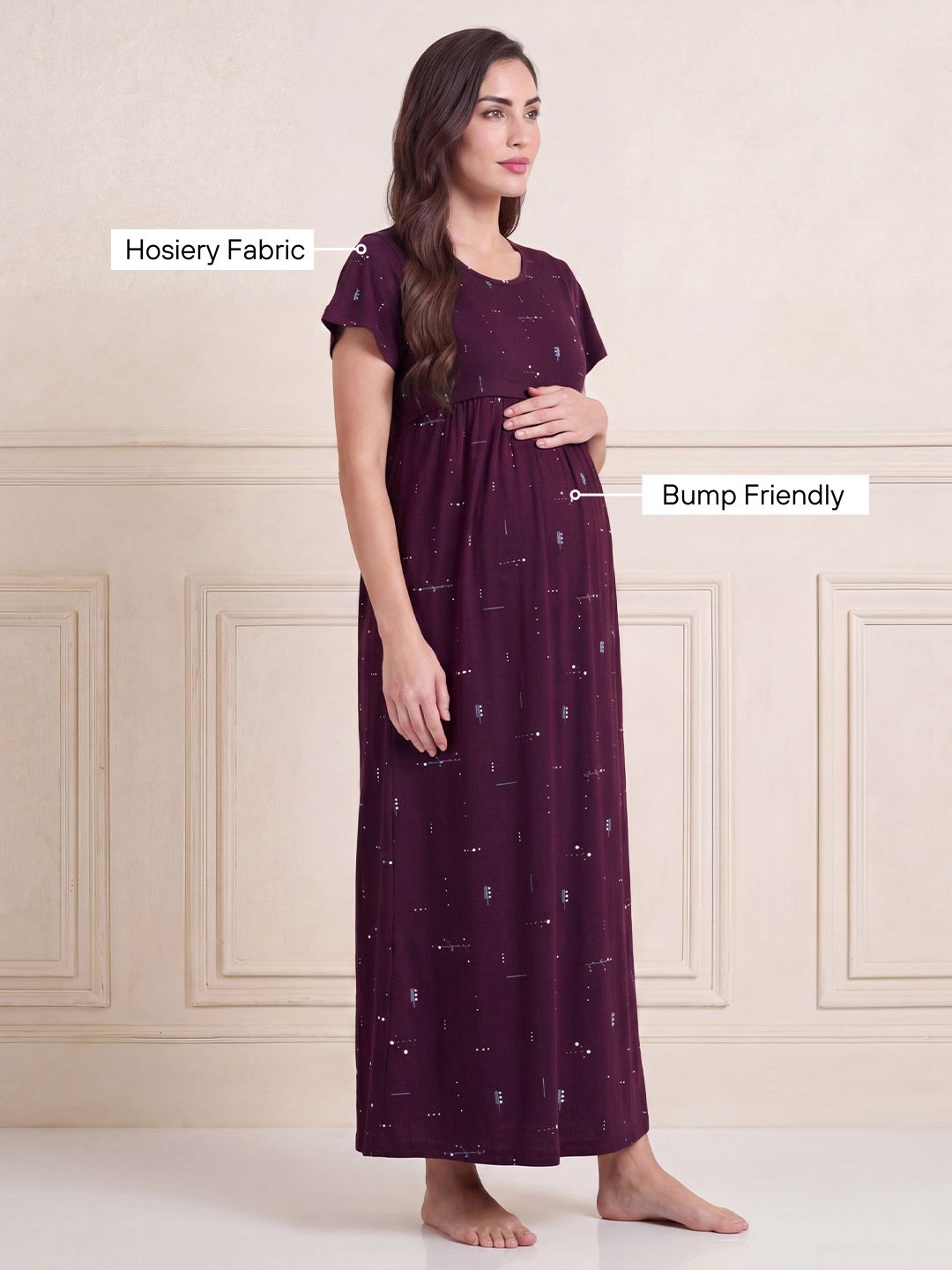 Purple Printed Hosiery Maternity Nighty