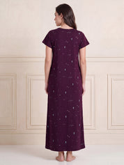 Purple Printed Hosiery Maternity Nighty