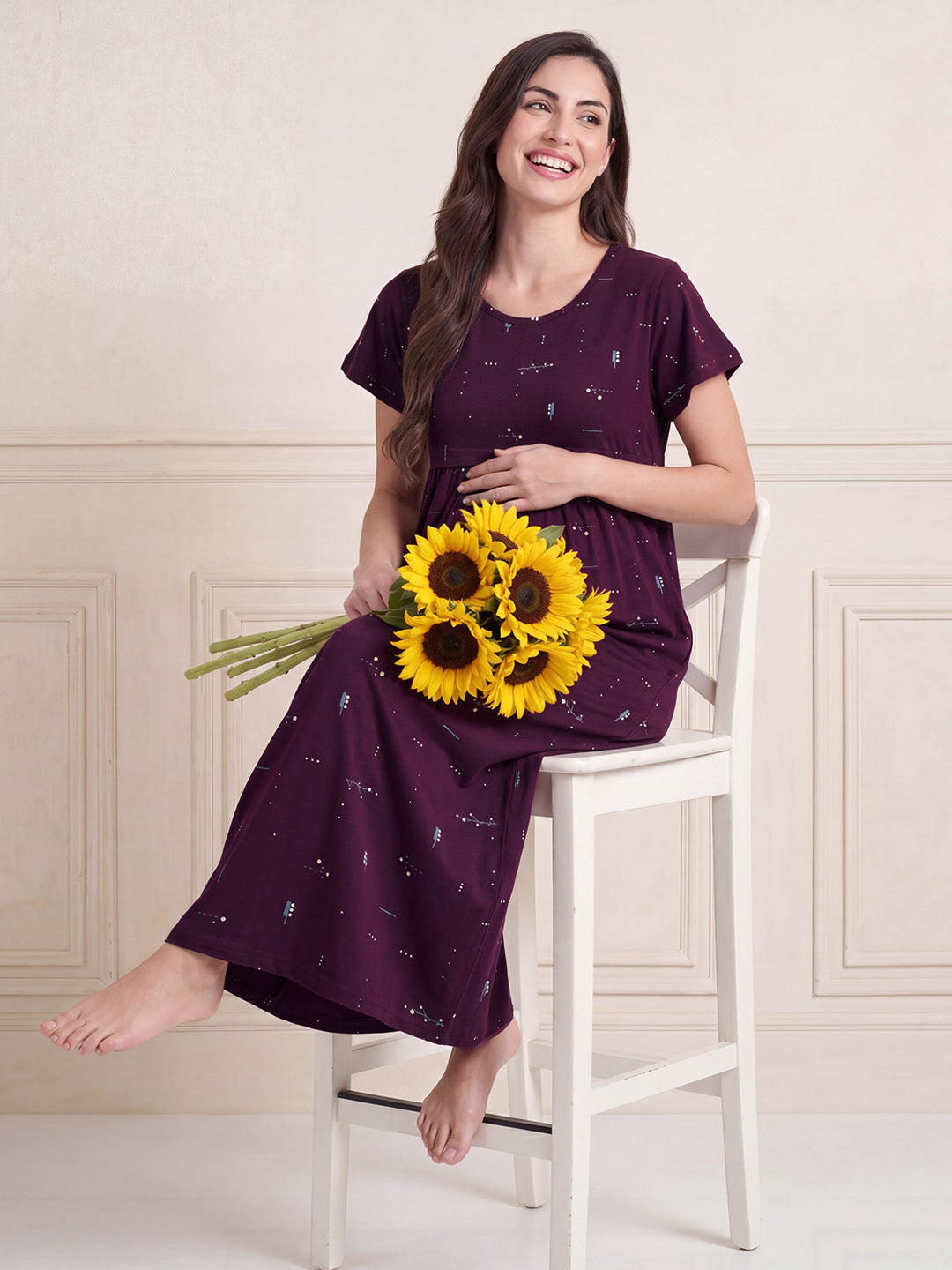 Purple Printed Hosiery Maternity Nighty