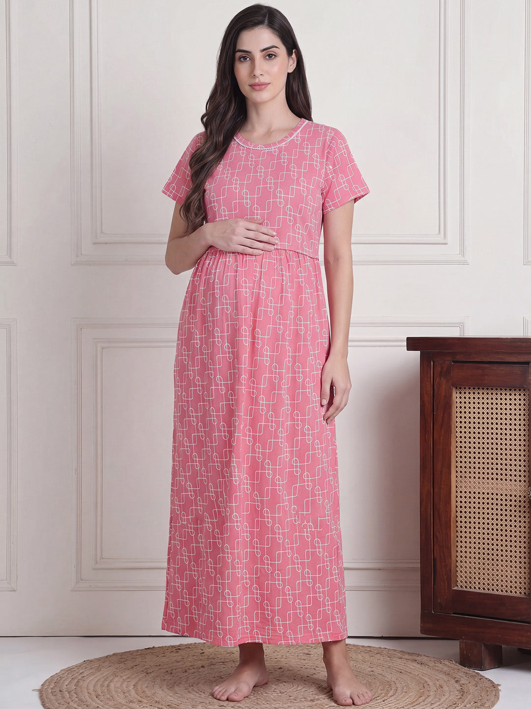 Pink Printed Hosiery Zipless Maternity Nighty