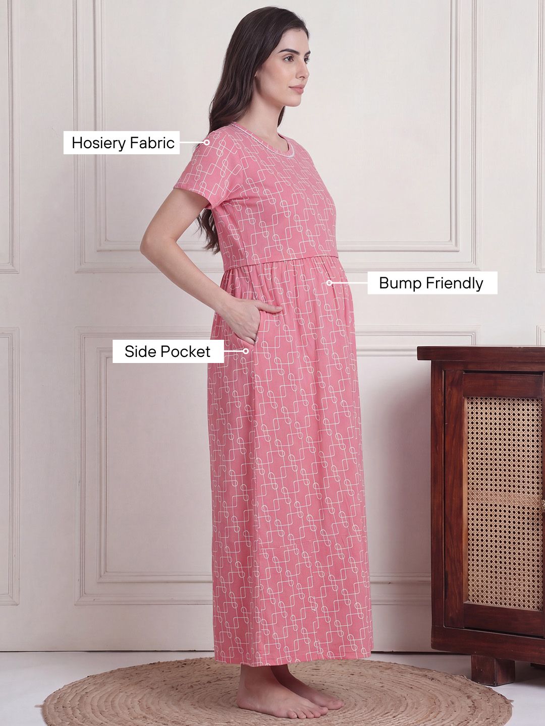 Pink Printed Hosiery Zipless Maternity Nighty