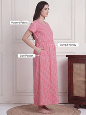Pink Printed Hosiery Zipless Maternity Nighty