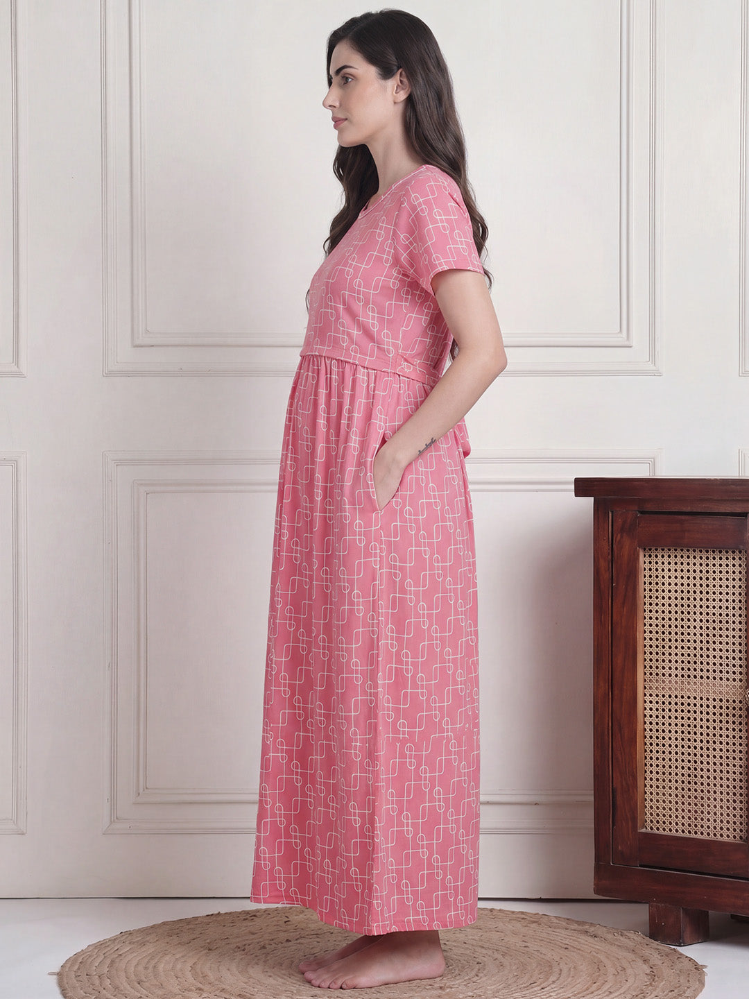 Pink Printed Hosiery Zipless Maternity Nighty