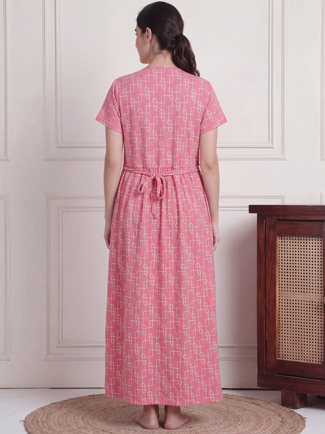 Pink Printed Hosiery Zipless Maternity Nighty