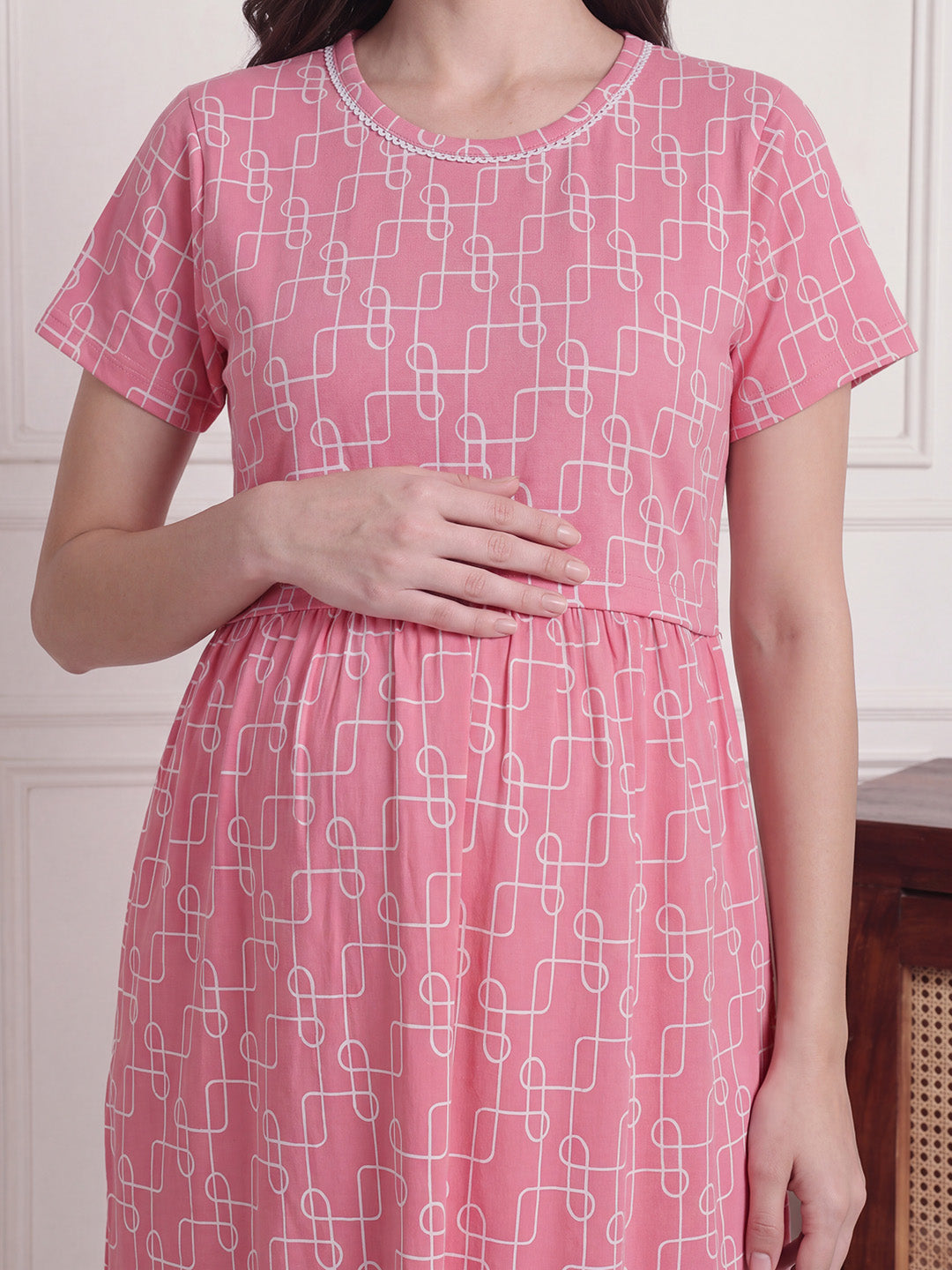 Pink Printed Hosiery Zipless Maternity Nighty