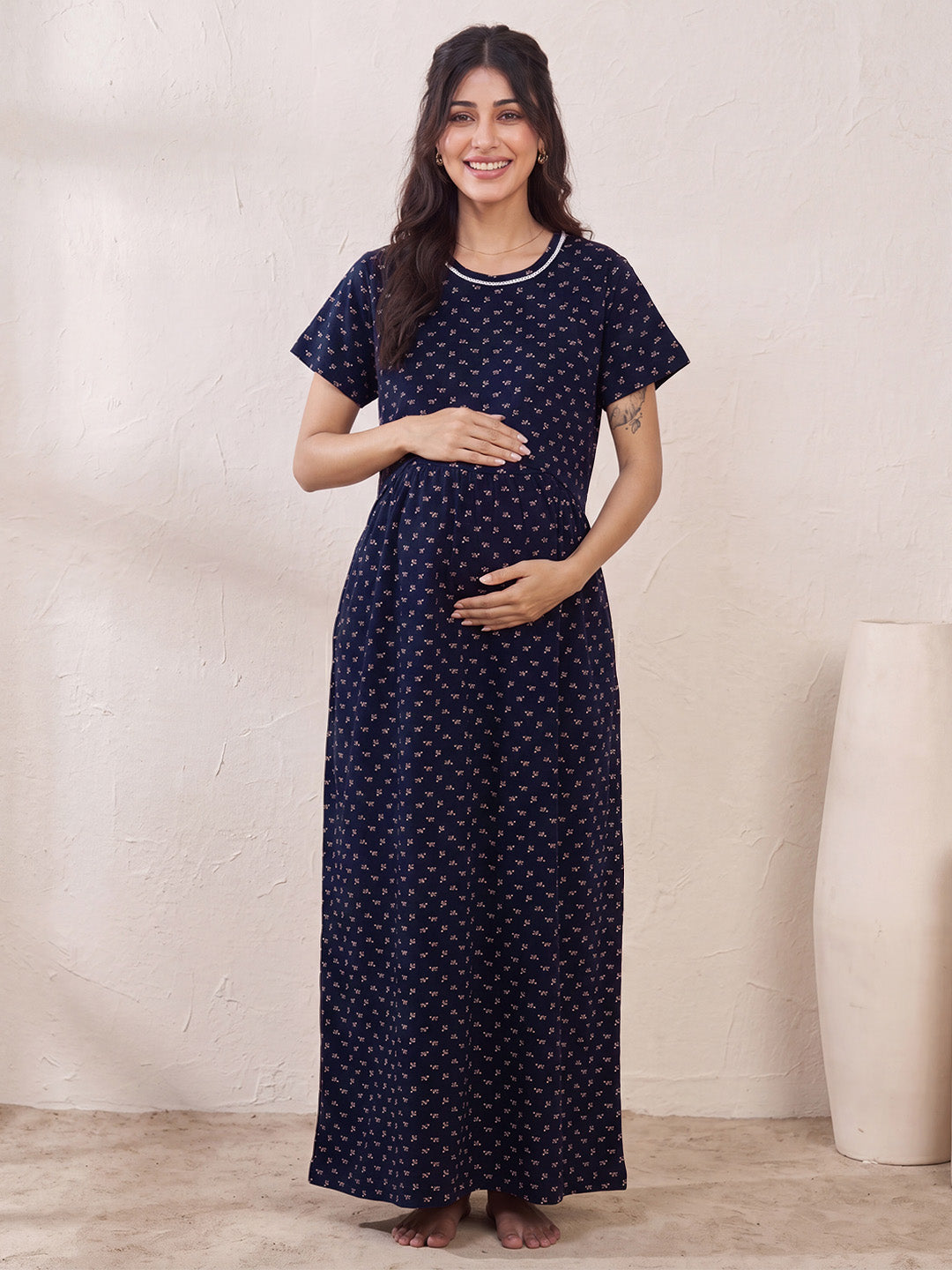 Navy Blue Printed Hosiery Zipless Maternity Nighty