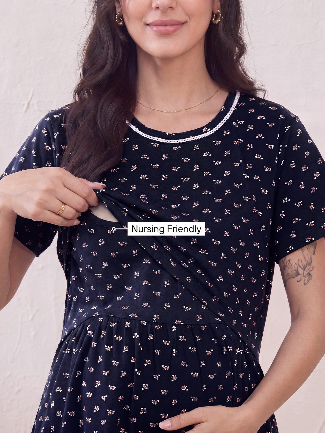 Navy Blue Printed Hosiery Zipless Maternity Nighty