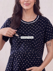 Navy Blue Printed Hosiery Zipless Maternity Nighty
